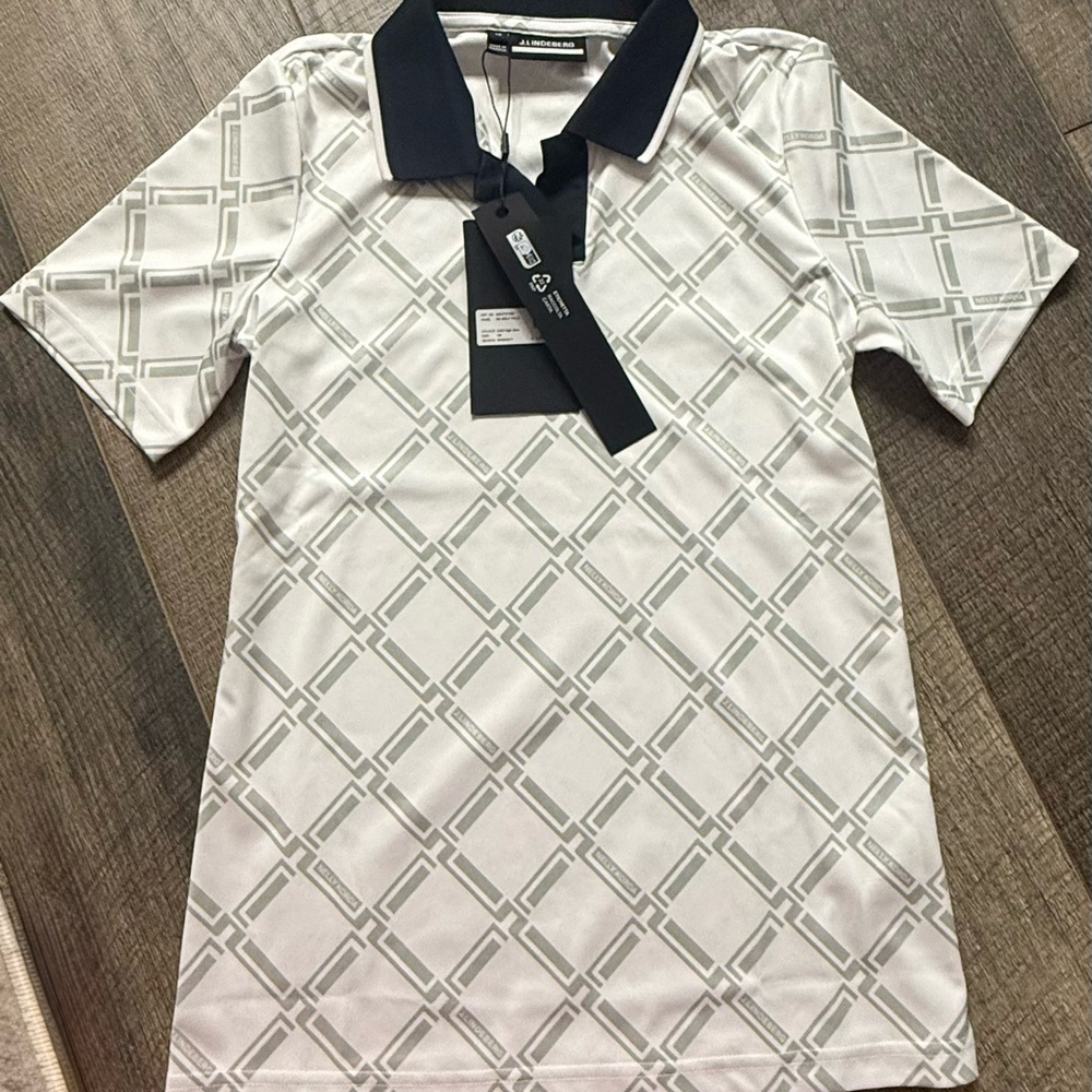 Nelly Korda x J.Lindeberg White and Gray Polo Shirt with Geometric Elegance
